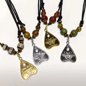 Ouija Planchette Stainless Steel Charm Ceramic Beaded Silver or Gold Boho Hippie Whimsical Gothic Adjustable Black Rope Cord Choker Stacking Necklace jewelry