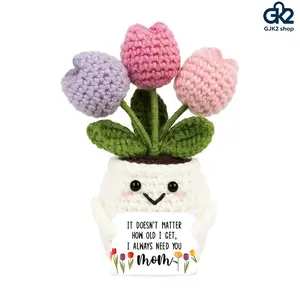 Funny Face Potted Doll, Positive Energy Handmade Knitted Tulip Sunflower Ornament