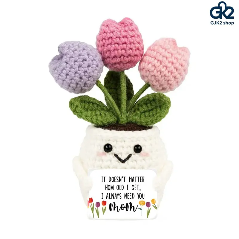 Funny Face Potted Doll, Positive Energy Handmade Knitted Tulip Sunflower Ornament