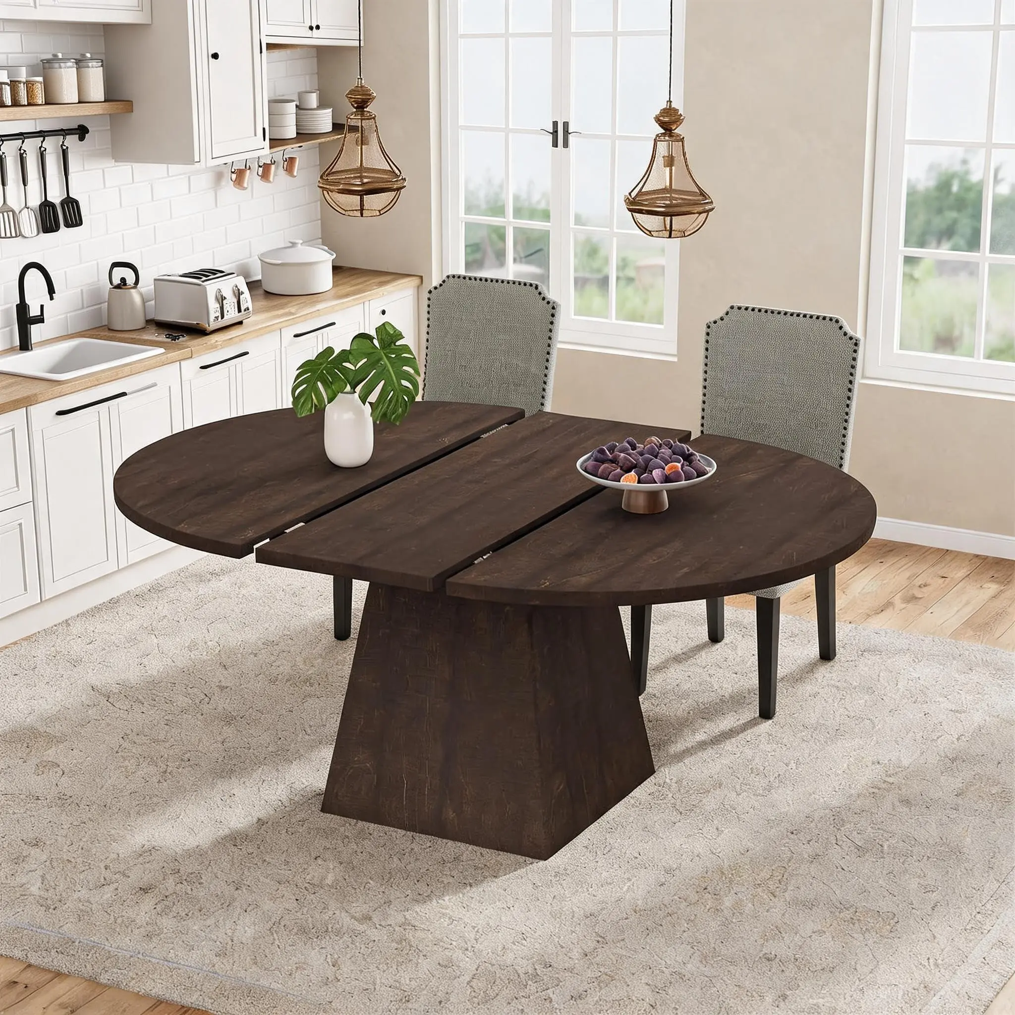 Garvee Space-Saving Extendable Dining Table, Minimalist Round Dining Table with Square Pedestal, Suitable for 4-6 Seats Indoor Use