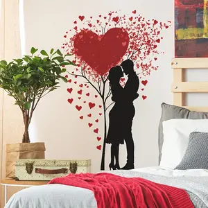 Romantic Love Couple Petal Tree Decal, Removable Waterproof PVC Decorative Sticker, Wall Decor for Living Room Bedroom, Valentine's Day Decoration
