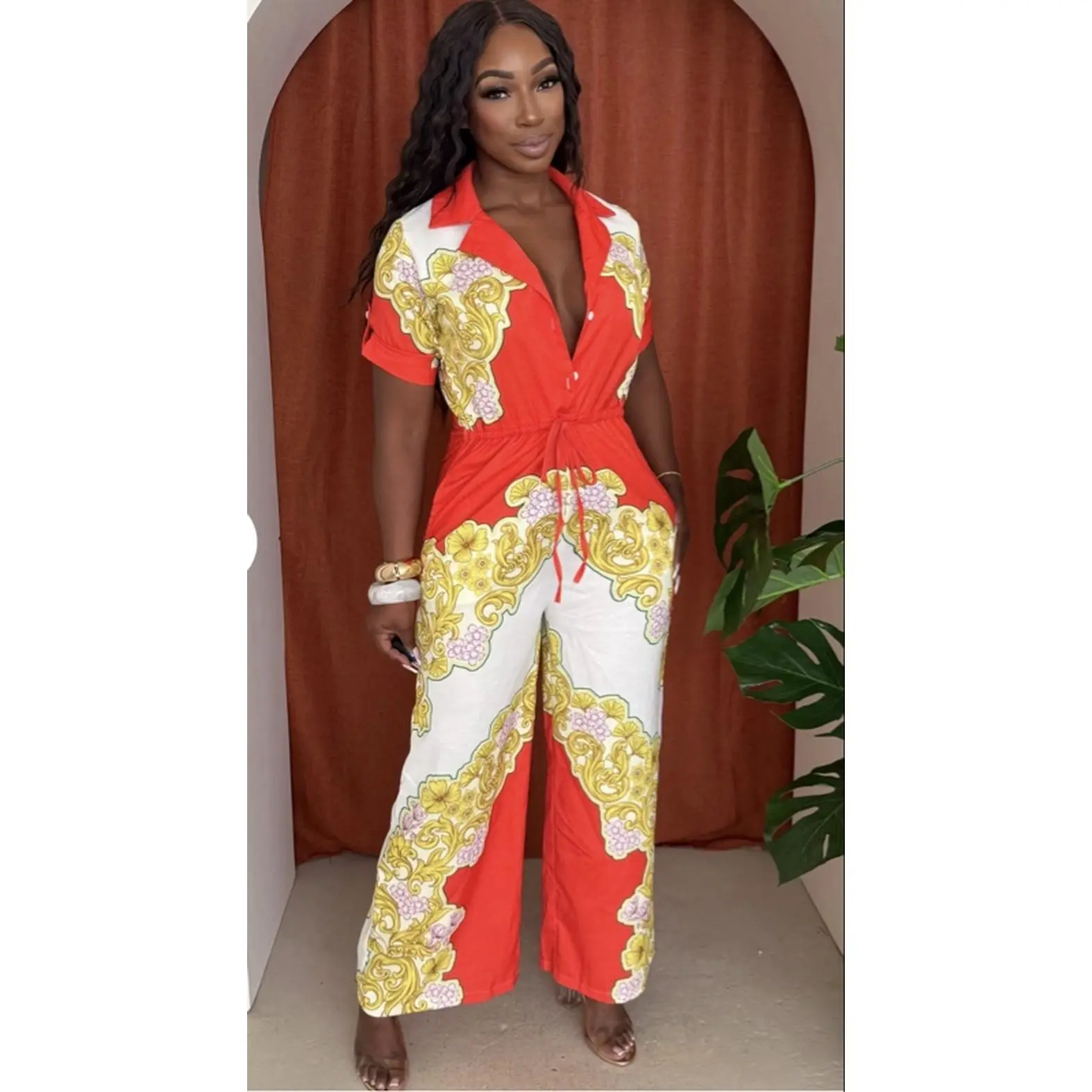 Summer Splendor Floral Fusion Vibrant Orange & White Jumpsuit Size Medium for Women