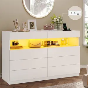 Sikaic Dresser for Bedroom with LED Lights Charging Station Modern Double Wide Drawer Organizer Cabinet