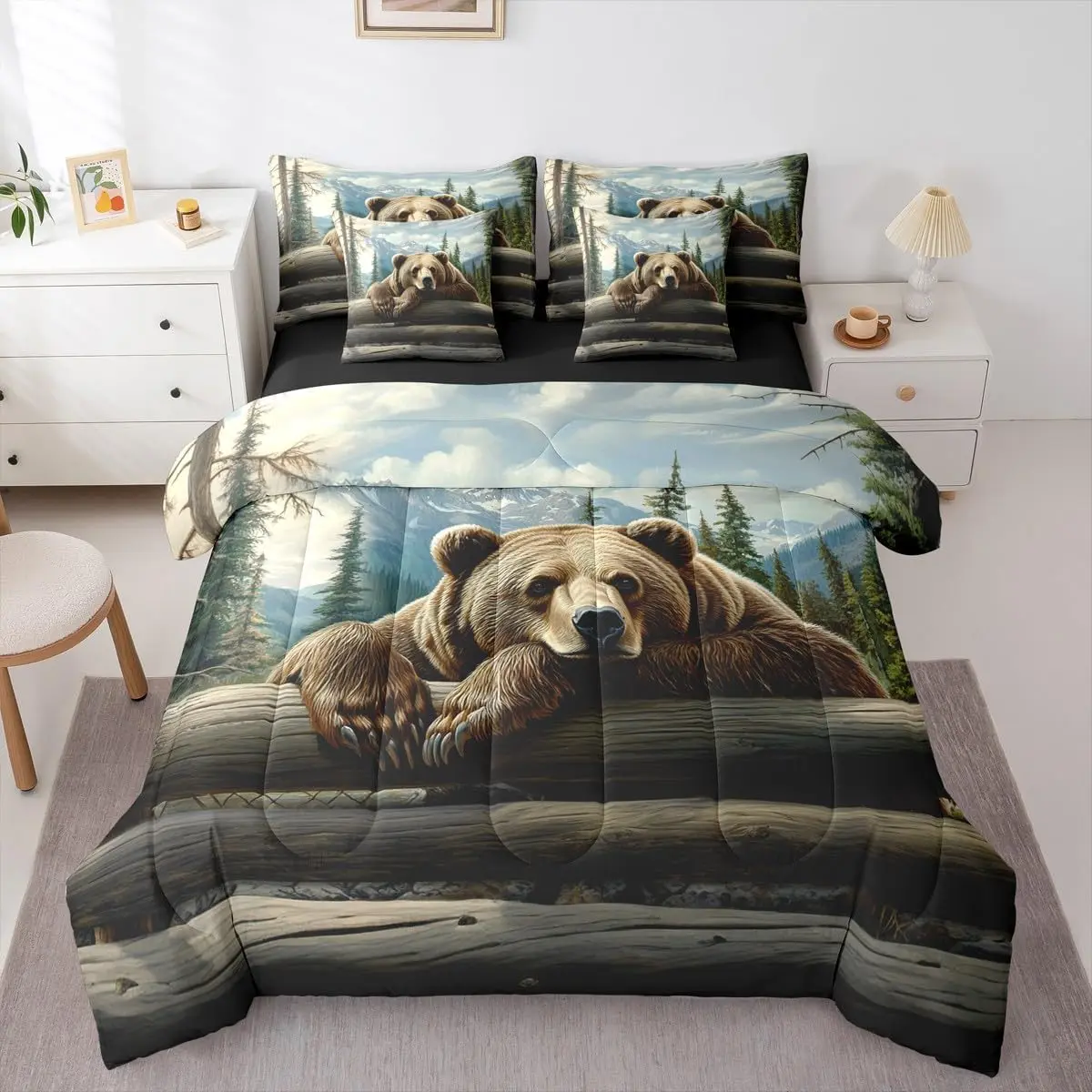 Feelyou 7-Piece Nature Forest Bear Blanket Bedding Set - Rustic Cabin Woodland Brown Sheet Set with Soft Comfy Blanket, Soft Warm Bedding for Girls, Christmas