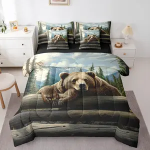 Nature Forest Bear 7 Piece Comforter Set,Wild Animals Forest Bedding Set for Child Boys Girls | Rustic Cabin Woodland Brown Bear Sheets