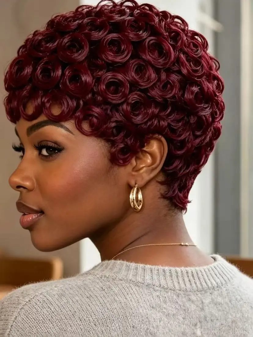 Sherawe 6-Inch 99J Pixie Curly Human Hair Full Machine Wig, 180% Density, 22.5-Inch Cap Size, Summer Look Fashion Accessory for Hair Extensions Needs
