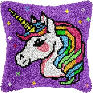 Unicorn Princess Latch Hook Pillow Kits for Adults Beginners DIY Throw Pillowcase Kit with Soft Backing Pre-Printed Mesh Rug Making Kits Needlework Cushion for Home Sofa Decoration 17x17 in.