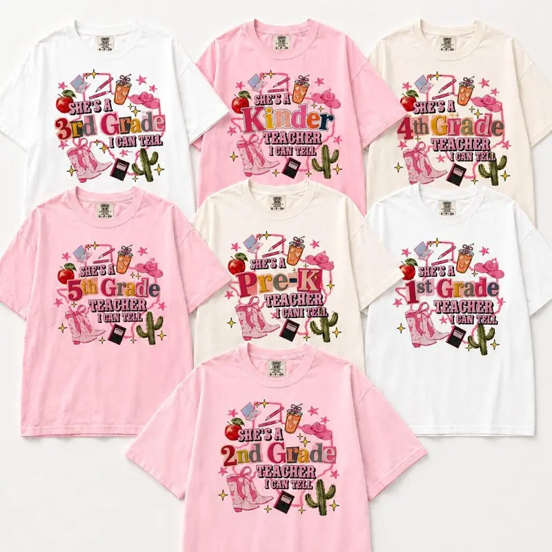 Women's Comfort Colors Cotton Fabric Printed Top - Casual Classic Crew Neck, All Seasons, Funny "She's a Teacher I Can Tell" Retro Digital Print, Back to School Outfit, 2nd Grade Educator Appreciation Gift (Hang Dry)