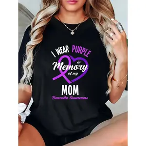 Women's Dementia Awareness T-Shirt Purple Ribbon Heart "In Memory of My Mom" Casual Top for Memorial & Support Events