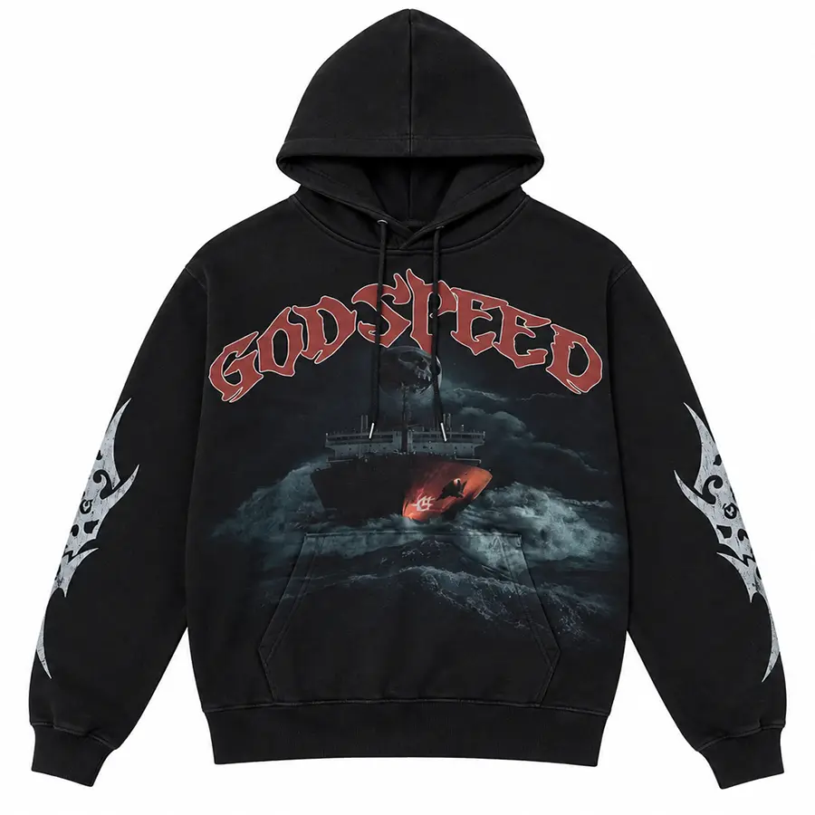 Godspeed Cargo Ship Storm Hoodie, Ocean Wave Tribal Sleeve Graphic Pullover, Polyester Streetwear Gift