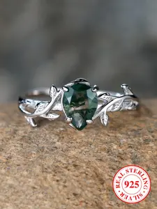 925 Sterling Silver Vintage Artificial Gemstone Decorated Emerald Leaf Ring, Elegant Ring, Fashion Accessories for Women & Girls, Party, Daily Clothing Decor, Birthday Gift with Box