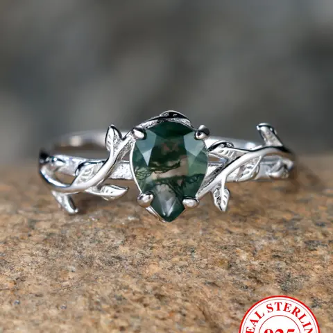 925 Sterling Silver Vintage Artificial Gemstone Decorated Emerald Leaf Ring, Elegant Statement Ring, Vintage Rings, Beautiful Rings, Fashion Accessories for Women & Girls, Party, Daily Clothing Decor, Birthday Gift with Box