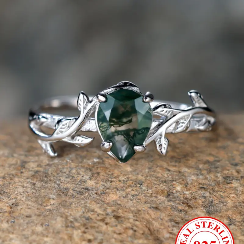 925 Sterling Silver Vintage Artificial Gemstone Decorated Emerald Leaf Ring, Elegant Statement Ring, Vintage Rings, Beautiful Rings, Fashion Accessories for Women & Girls, Party, Daily Clothing Decor, Birthday Gift with Box