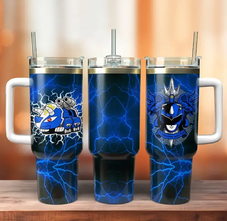 [Superhero Collection] Blue Ranger Mighty Morphin Power Rangers 40oz/20oz Tumbler with Handle & Straw, Stainless Steel Double Wall Vacuum Insulated Travel Mug, Once & Always Retro Rangers Collage Design, Keeps Drinks Hot & Cold, Fits Car Cup Holder