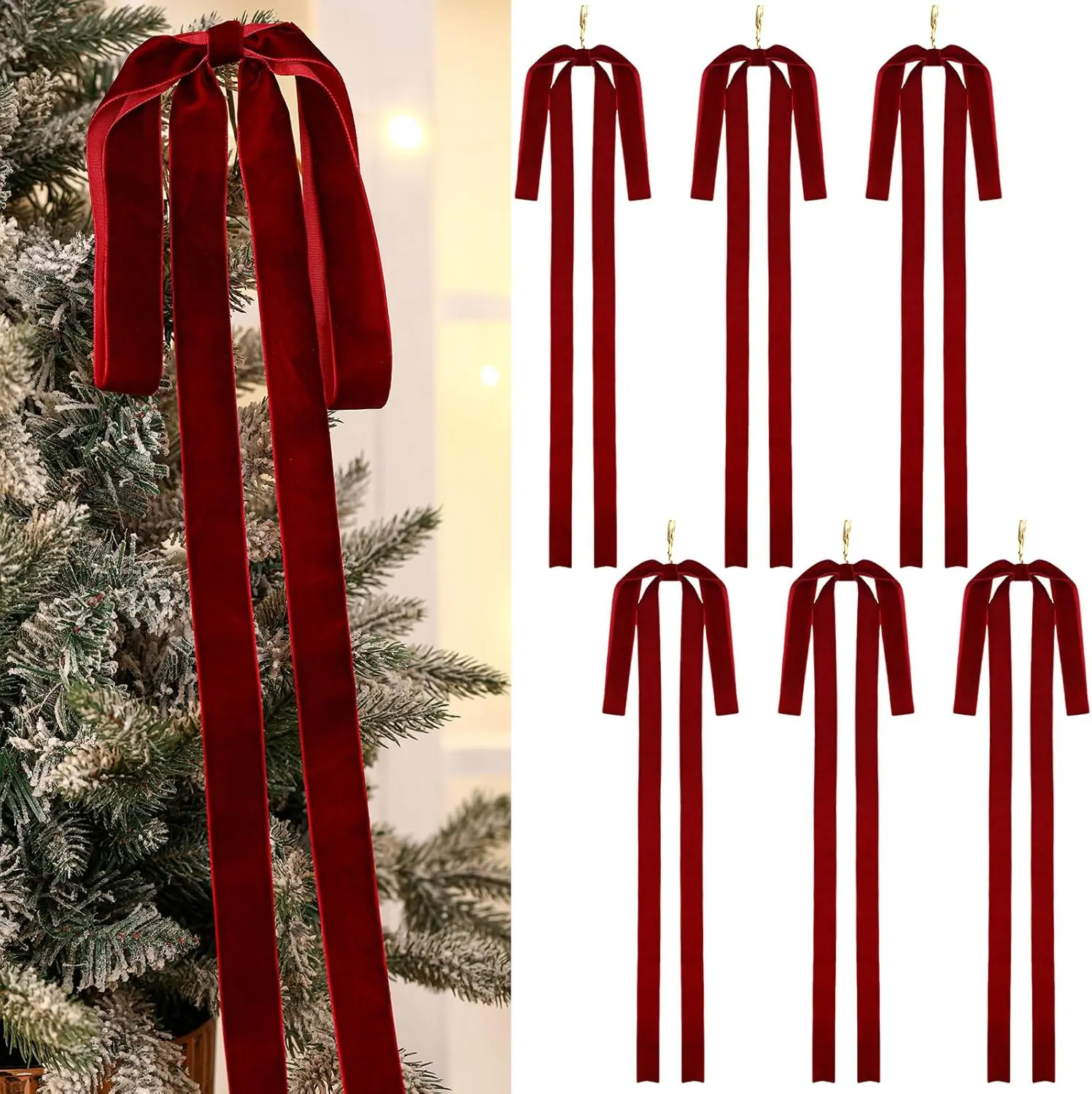 Red Long Velvet Bows Ornaments for Christmas Tree, Wreath, Garland, Swag, Staircase, Fireplace, Door (15 * 24 inch, 6 Pieces)