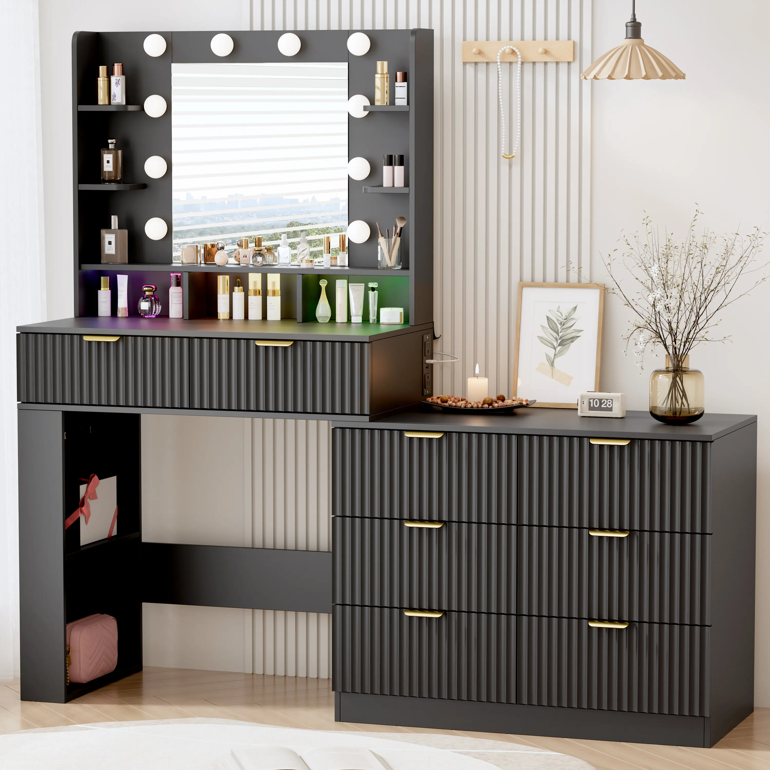 Black Modern Makeup Vanity Desk with Lighted Mirror – 54" Stylish Full-Size Illuminated Multi-Light Vanity Dresser Combo, 7 Drawers, Open Storage Shelves, Adjustable Brightness for Women's Bedroom, Stylish Makeup Vanities, Full-Size Makeup Vanities