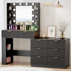 Black Modern Makeup Vanity Desk with Lighted Mirror – 54" Stylish Full-Size Illuminated Multi-Light Vanity Dresser Combo, 7 Drawers, Open Storage Shelves, Adjustable Brightness for Women's Bedroom, Stylish Makeup Vanities, Full-Size Makeup Vanities