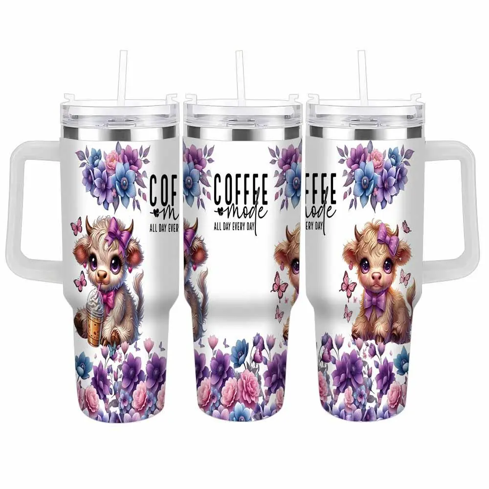 Fluffy Highland Cow Stainless Steel Insulated Flask - 40oz/30oz/20oz Portable Drink Tumbler with Cute Kawaii Cow Print, Butterflies, Floral Accents, Spillproof Lid, Reusable for Daily Commute, Outdoor Adventures, Gifts