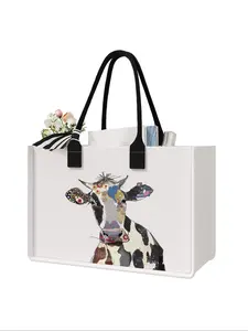 Large Capacity Storage Bag with Cow Print, Durable Handle, Space Saving Multi-Purpose, Ideal for School, Travel, Shopping, Reusable Grocery Bags, Reusable Shopping Bags, Travel Essentials