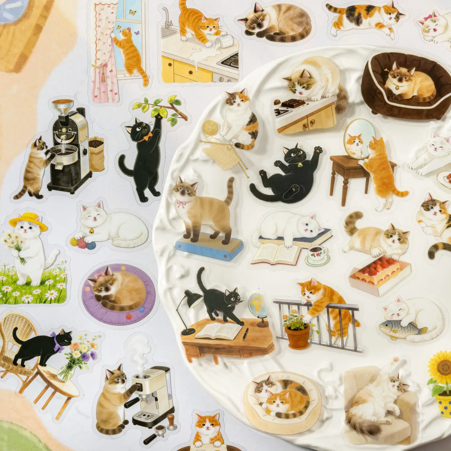 50 Sheets/bag Sticker Pack, 2D Cute Cat Adventure Series, Cat Theme Decorative Material, Hand Account Stationery Water Bottle Decals, High Adhesive Stickers, Aesthetic Stickers