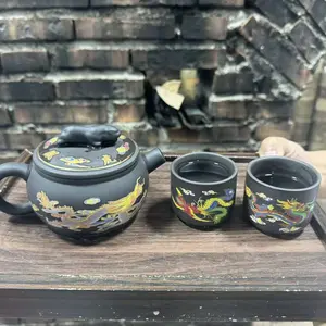 Dragon & Cloud Patterns with Pixiu Handle Black Teapot with Two Cups Color - Changing with Hot Water