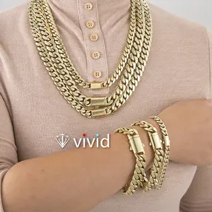 Set 2pcs 14K Gold Vacuum Plated Stainless Steel With Copper Ear Clasp Miami Cuban Link Chain 6-14mm Necklace & Bracelet Italy Mexico & Micro Inspired for Women & Men Luxury Jewelry,Daily Wear, Fashion,Gift,Chicano,Classic,Hip Hop,Simple,Sporty