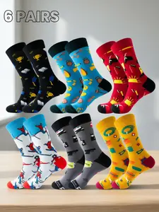 6 Pairs Mid-Calf Trendy Socks, Breathable Comfort, Vibrant Colors, Academic & Fitness Themes, Ideal for Young Adults, Daily Wear