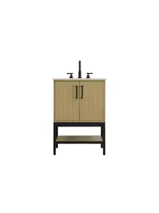 212 MAIN 24 in. Free-Standing Transitional Single Bathroom Vanity with Honey Brown Wood Veneer, Metal Frame, Undermount Sink, Widespread Faucet Compatibility