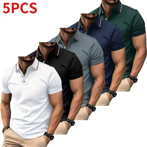 5-piece set: men’s casual short-sleeve polo shirt set with mixed colors; printed polo shirts that are breathable and cool, suitable for all seasons—an ideal choice for holiday gifts,summervibes.