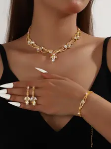 Luxurious Artificial Crystal Flower Crown Bud Necklace Bracelet Earrings Set, Bridal Banquet Jewelry, Elegant Wedding Accessories