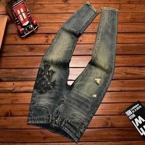Men's Autumn and Winter Trends Hole & Patch Light Luxury Printed Stretch Slim Fit Skinny Smart Trousers