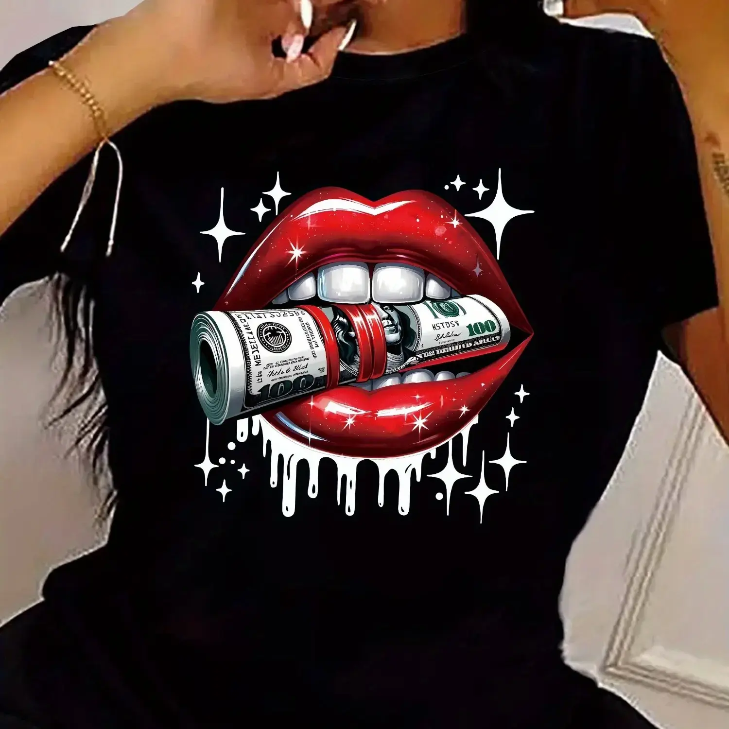 Women's Cotton Round Neck Casual Short Sleeve Printed T-Shirt - Black, Bold Red Lips & Dollar Bill Graphic with Sparkling Stars, All-Season Machine Washable Streetwear Apparel, Tshirt