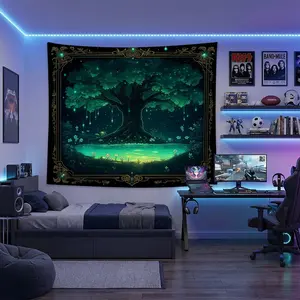 1pc Ornate Framed Tree of Life Tapestry, Mystic Emerald Woods Mural, Art Mural, Studio, Home Office, Apartment, Ceiling Decor, HD Print