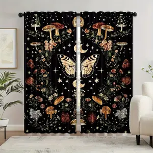 2-Piece Set, Gnat Moon Phase Printed Curtain Set - Witchcraft Gothic Butterfly Mushroom and Wildflower Design, Black Brown Translucent Rod Pocket Design, Four Seasons Bedroom Decor, Suitable for Living Room Bedroom Kitchen Balcony Home Decor, Room Decor.