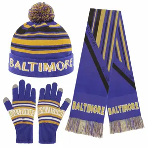 Knitted Baltimore Blue Yellow Ribbed Hat Scarf & Gloves Set Jacquard Design Elastic Warm Winter Accessories for Men Women