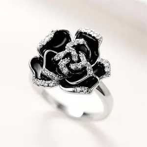 Women's zircon ring unique black rose flower ring couple gift daily versatile suitable for party wedding