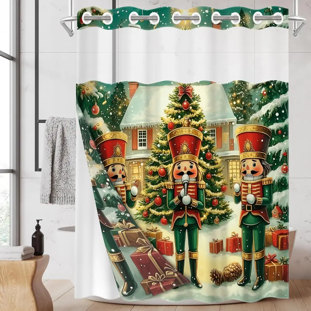 1PC/4PCS 2D Flat Printing Merry Christmas Red and Green Nutcrackers Snow Scene Patterned shower curtain, home bathroom decor, shower curtain set with 12 hooks, non-slip bathroom rug, U-shaped toilet seat cover, toilet seat mat.