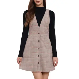 Allegra K Women's V Neck Gingham Check Pinafore Suspenders Plaid Print Dress Khaki Check Small