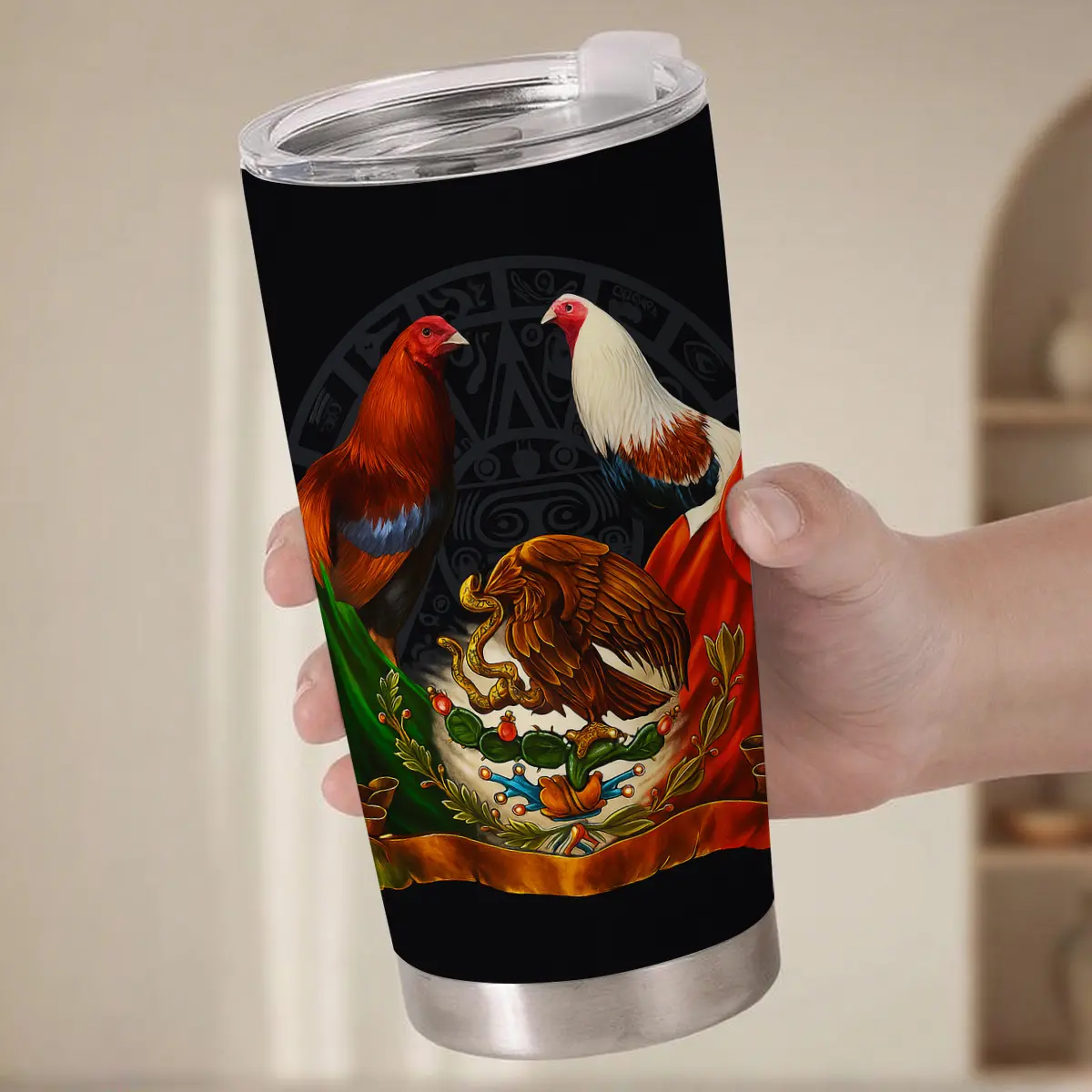 1pc 600ml Mexican Rooster & Emblem Pattern 304 stainless steel large capacity travel mug.throw blanket. comfy throw blanket. 20oz insulated water bottle. chairs ideal for Mexican culture enthusiasts and as a national symbol gift