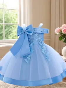 Infant Baby Girls Cold Shoulder Appliques Faux Pearls Big Bow Decor Tulle Dress, Elegant Contrast Mesh Fit & Flare Dress for Party Baptism, Newborn Baby Girl Birthday Dress, Baby Girl Clothes