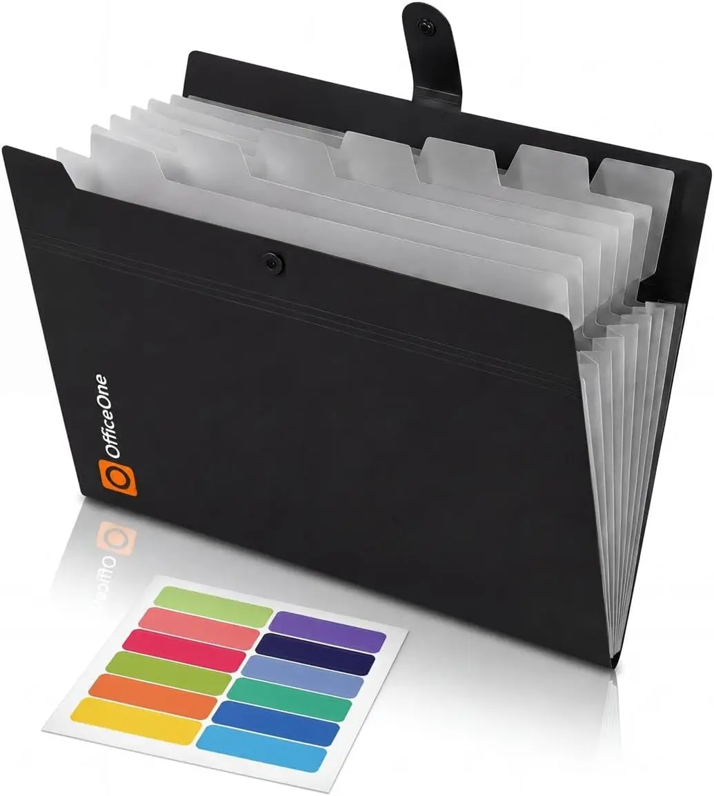 Durable Polypropylene Accordion File Folder - 8-Pocket, 8 inches Slim Profile, A4/240x325mm Letter Size, Snap Closure, Labeled Tabs, Color-Coding Stickers, Reinforced Cover, Endless Organization for Home Office (Jet Black, Ideal for Teachers), Teacher, Ac