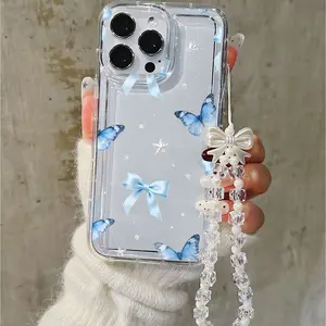 Butterfly Pattern Shockproof Phone Case with Bow String, Cute & Durable Protective Cover Fits iPhone 11–17 Pro Max Compatible with iPhone 11/12/13/14/15/16 Pro Max/16 Pro/16 Plus