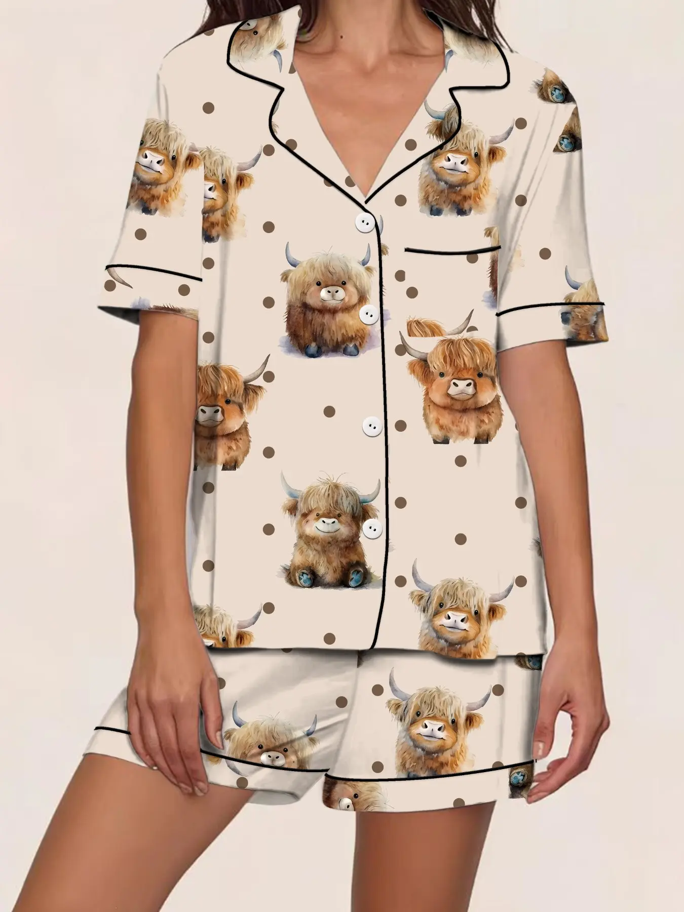 Cute Highland Cow Plush Bear Doll Spring Summer Sleepwear Women Pajama Set, Casual Fitted Two-Piece Home Wear Loungewear Shorts Sets, Striped Bow Tie Printed Homewear