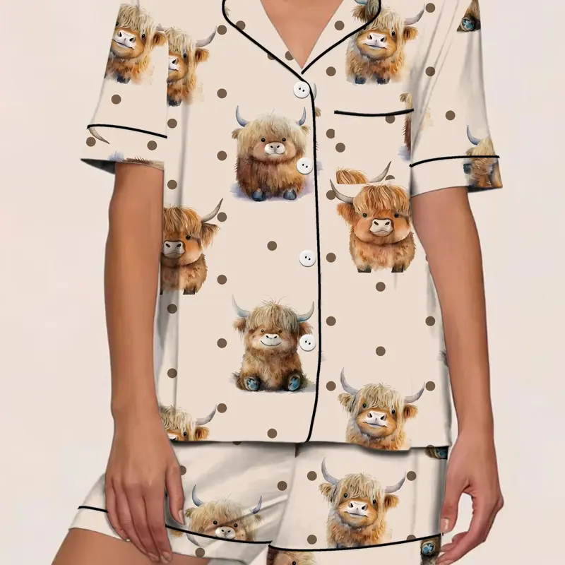 Cute Highland Cow Plush Bear Doll Spring Summer Sleepwear Women Pajama Set, Casual Fitted Two-Piece Home Wear Loungewear Shorts Sets, Striped Bow Tie Printed Homewear