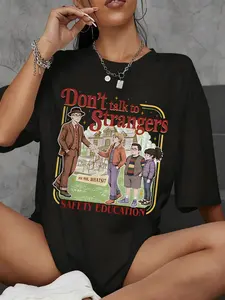 Women's Oversized Stranger Things Merch T-Shirt - Vintage 80s Don't Talk to Strangers Graphic Tee | Hawkins Characters Print, Comfortable Casual Lounge Wear, Trendy Pop Culture Fan Gift, Retro Stranger Things Women's Graphic Tee