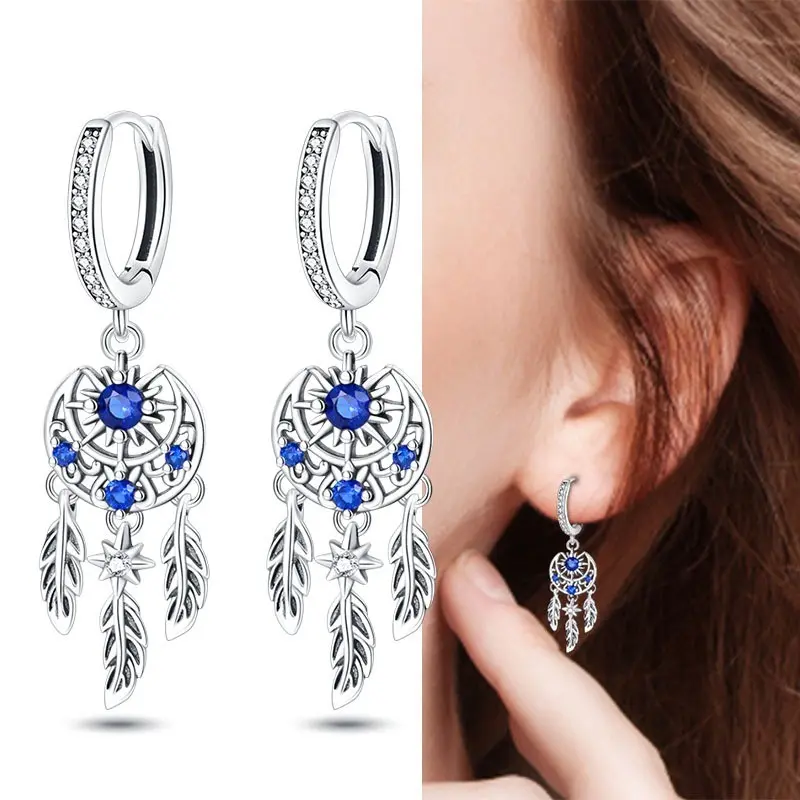 Women's S925 Sterling Silver Drop Earrings - Hypoallergenic, Cadmium-Free Boho Dream Catcher Dangles with Feather Bead Charms, Avoid Silver Dipping, Ideal Anniversary/Birthday Gift for Girls & Adults