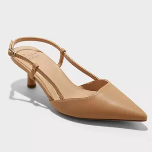 Women’s Annette Slingback Kitten Heels, Tan Memory Foam Pointed Toe Buckle Strap Footwear, Lightweight Formal Size 8 Party Office Sandals
