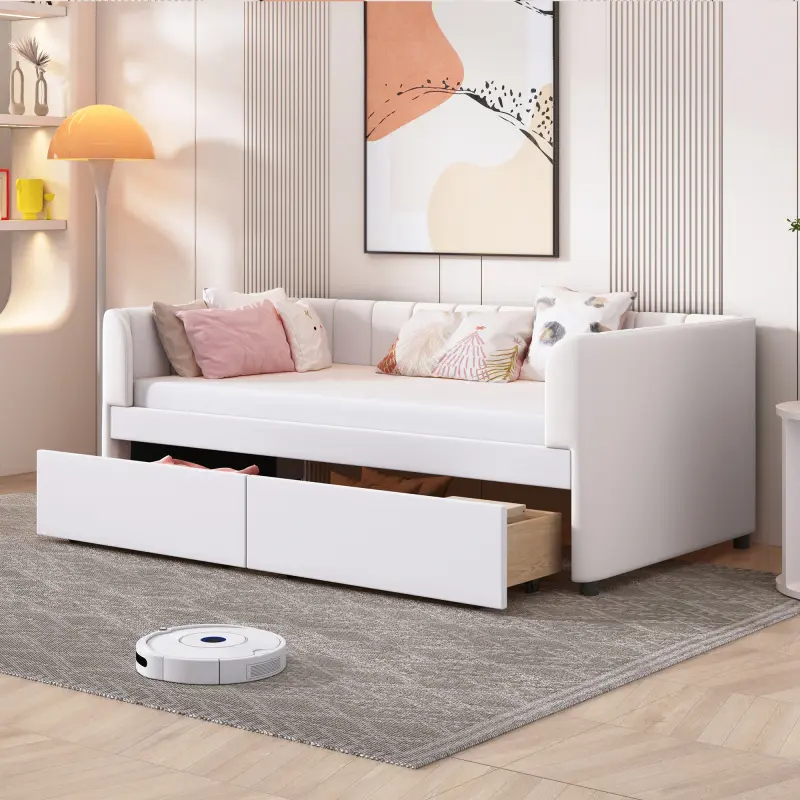 Twin Size Velvet Daybed with 2 Storage Drawers and Stripe Shaped Headboard Design,Upholstered Wooden Storage Bed Frame,w/Ergonomic Backrest,for Bedroom,Living Room,Beige