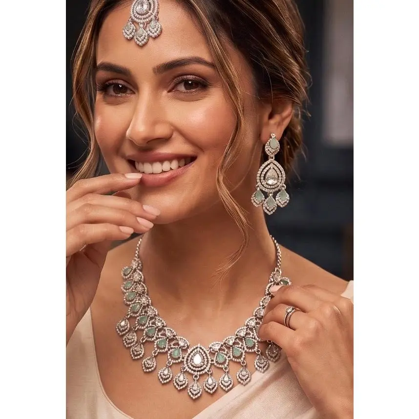 Silver Tone Mint Green Bridal Jewelry Set with Clear Crystal Accents – Necklace, Earrings & Maang Tikka | Indian Pakistani Afghan Wedding Jewelry | Gift Box Included 6027