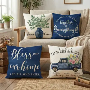 Set of 4 Farmhouse Throw Pillow Covers - Bless Our Home Bless Home Linen Cushion Case for Rustic Home Decor Room Bedroom Sofa Chair Car 0201YU